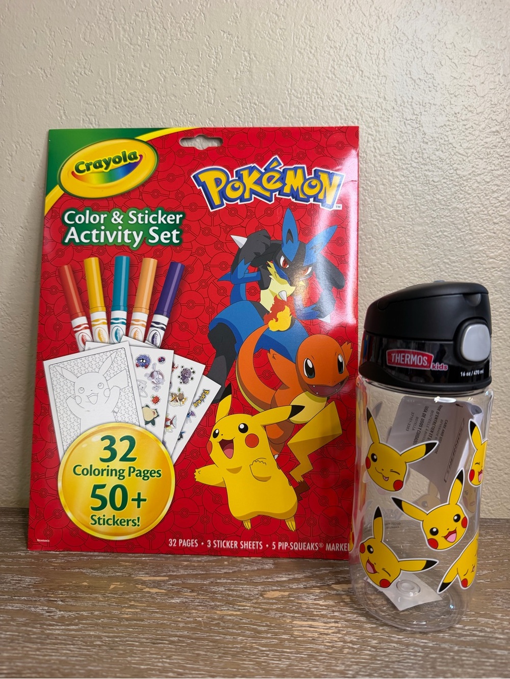 Thermos Pokémon Pikachu 16oz Water Bottle with mess free coloring bundle